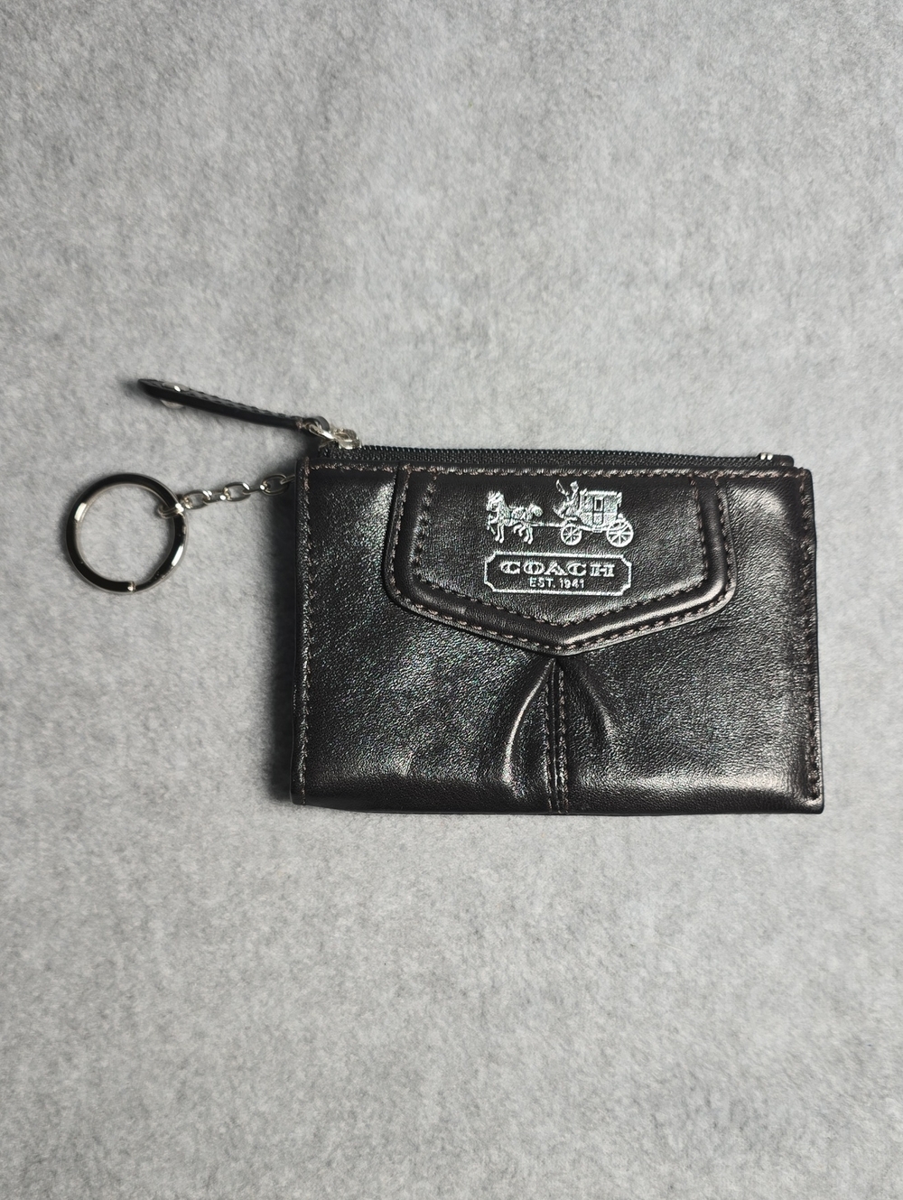 Coach Black Leather Zip Card Holder with Key Ring